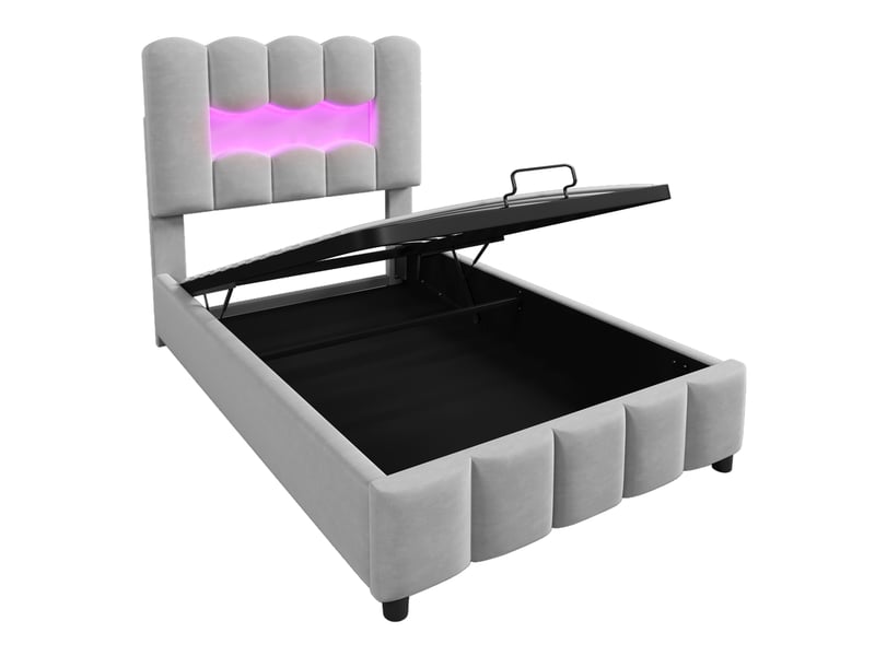  Lit coffre enfant 90x200 cm avec rangement, éclairage led multicolore et tête réglable, velours, gris, sans matelas  - Conforama D