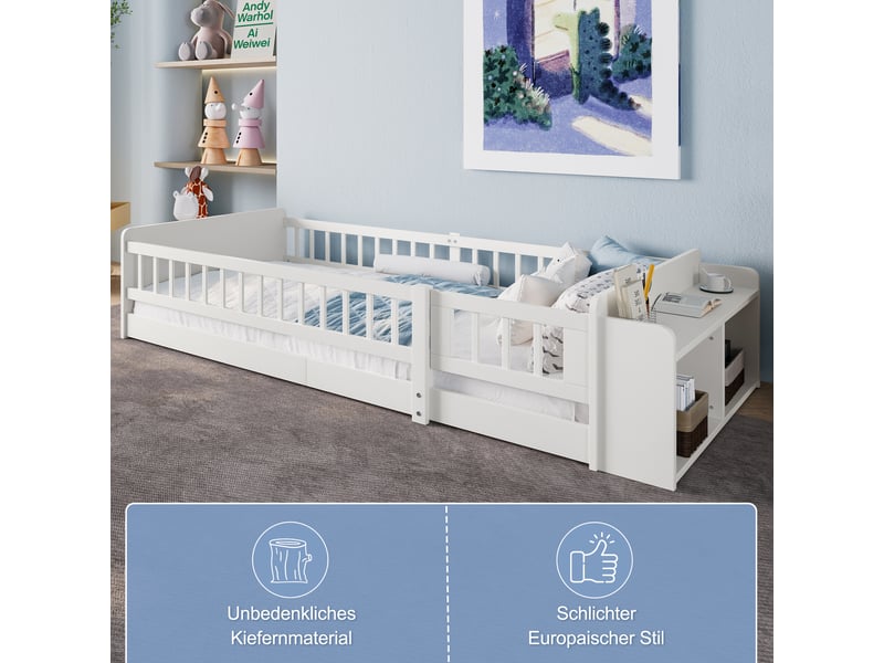  Lit enfant 90x200 cm, lit en bois de pin blanc avec barrière de sécurité, armoires de rangement et étagères, sans matelas  - Conforama W