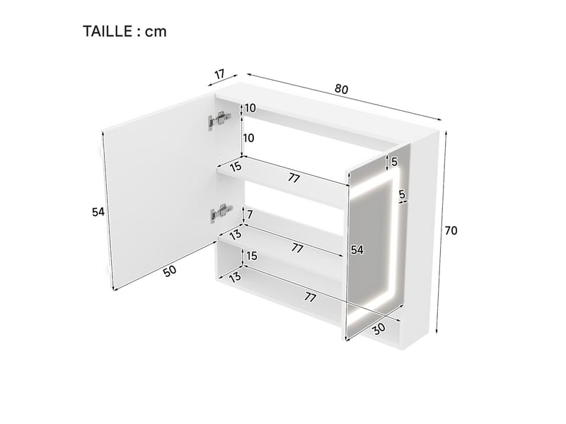  Armoire de toilette 2 portes avec miroir led désembuage mdf blanc 80x17x70 cm N877P457995K - Conforama C