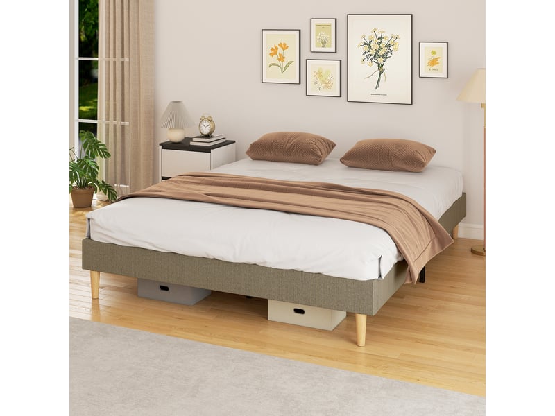  Cadre de lit 160 x 200 cm avec sommier à lattes en bois, lit double rembourré en velours côtelé, gris  - Conforama D
