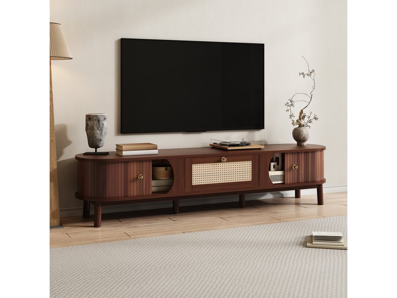  Meuble tv bas portes coulissantes 170x39.5x38cm rangement | style bohème bois massif et cannage en rotin | charge 50kg pieds bois - bois naturel  - Conforama C