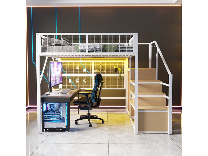  Lit mezzanine tcqpz 140 x 200 cm en métal blanc avec led pilotées par application, escalier de rangement et armoire ouverte  - Conforama E