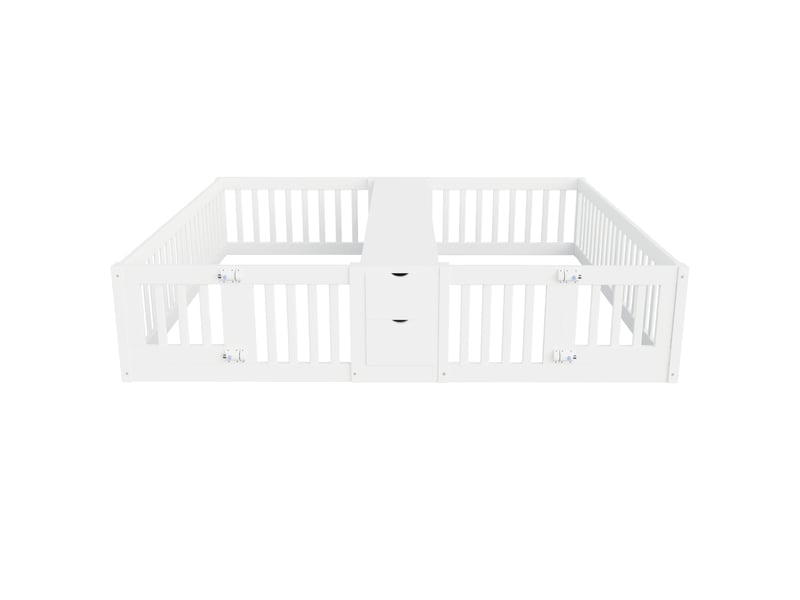  Lit enfant double avec tiroirs et étagère 2 niveaux, bois blanc, 90 x 200 cm, garde-corps hauts  - Conforama A