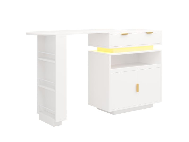  Îlot de cuisine extensible, table de bar blanche avec rangement, plateau pivotant, 115 à 183 cm  - Conforama A