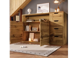 Buffet bas 150x40x90 cm chêne clair – mdf et métal – 2 portes, 4 tiroirs, niche ouverte, rangement pratique