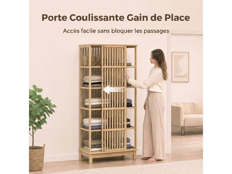  Armoire chambre penderie en bambou 5 niveaux avec porte coulissante, bois naturel, design aéré à lattes  - Conforama E