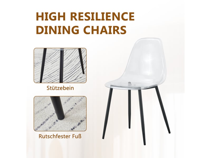  Ensemble table à manger avec 4 chaises, table ronde en verre trempé 85 cm, sièges transparents et piètement en métal noir  - Conforama D