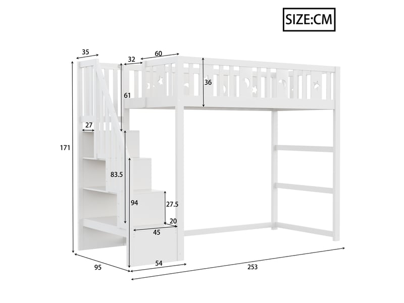  Lit mezzanine enfant 90x200 cm avec escalier, rangements et garde-corps blanc  - Conforama C