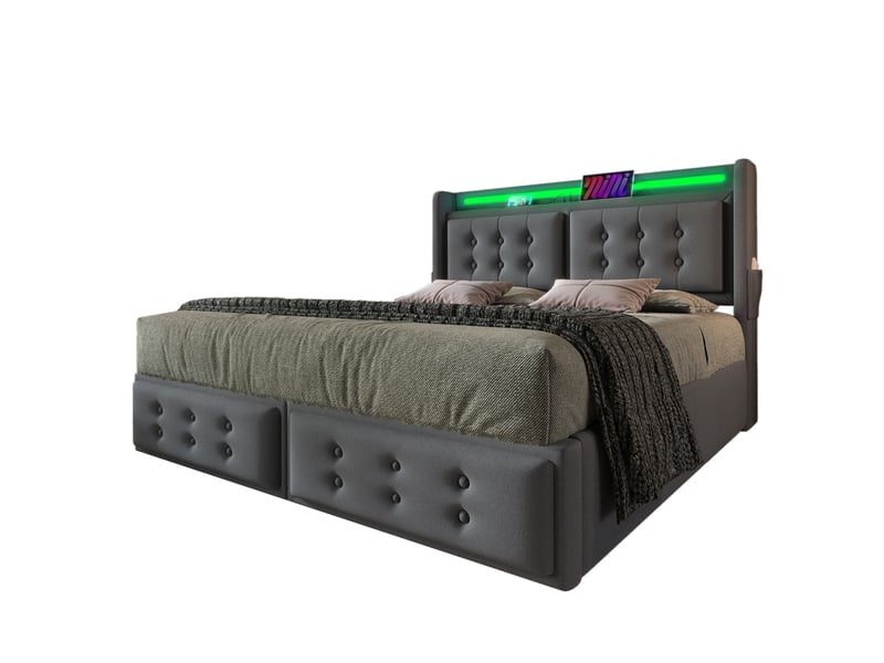 Lit adulte 160x200 gris en tissu coton-lin, tête led avec usb-c, coffre relevable et charge 300 kg - Conforama A