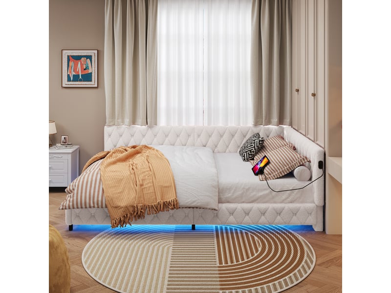  Lit banquette rembourré en tissu bouclette 140x200cm-beige - éclairage led rgb et ports usb intégrés - style cosy et moderne  - Conforama C