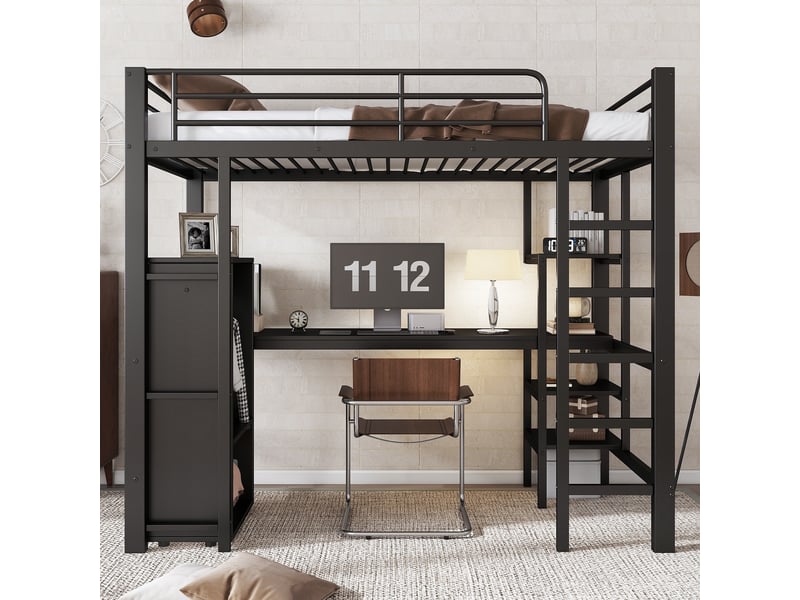  Lit mezzanine 90x200, lit combiné gain de place avec bureau et armoire, structure robuste en métal et mdf pour ado et enfant, noir  - Conforama C