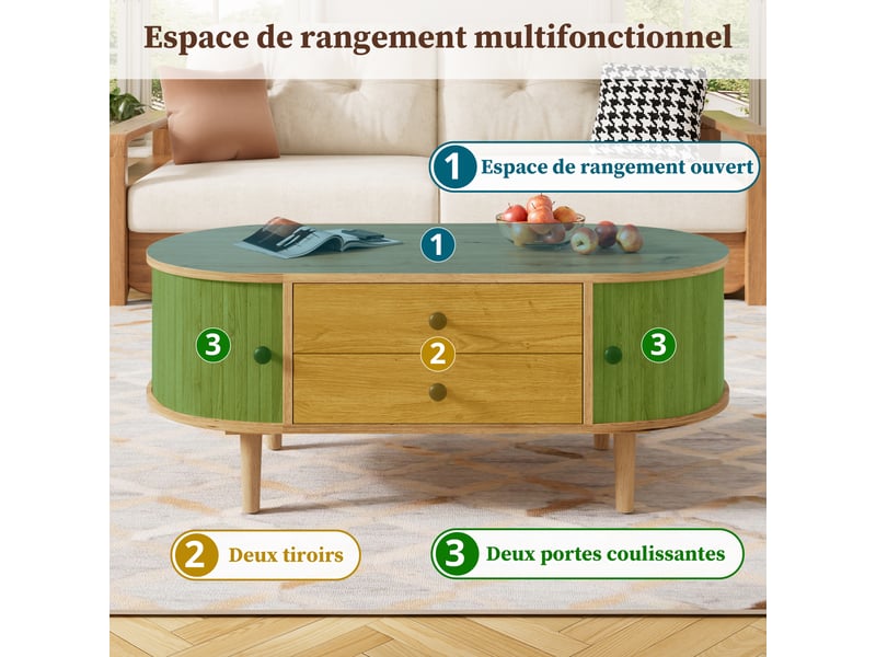  Table basse ovale avec portes coulissantes, 2 tiroirs, 100 x 50 x 40 cm, couleur chêne  - Conforama D