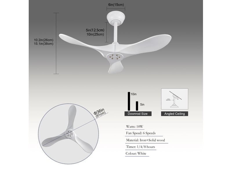  Ventilateur de plafond 90x90x26 cm blanc à 3 pales avec télécommande  - Conforama C
