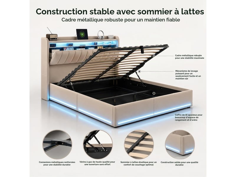  Lit coffre 140x200 cm avec éclairage led et port usb, lit adulte  avec tête de lit avec rangement, lits 2 personnes, velours, beige  - Conforama E