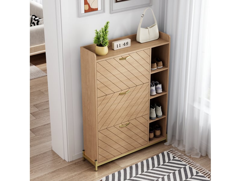  Meuble chaussures 90x24x119 cm, rangements ouverts, 3 portes abattantes, fermeture douce, en panneau mdf, naturel  - Conforama E
