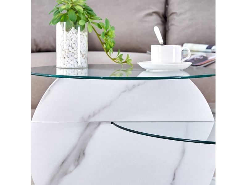 Table basse à deux niveaux avec plateaux en verre de sécurité, rangement ouvert, style moderne effet marbre pour salon - Conforama D