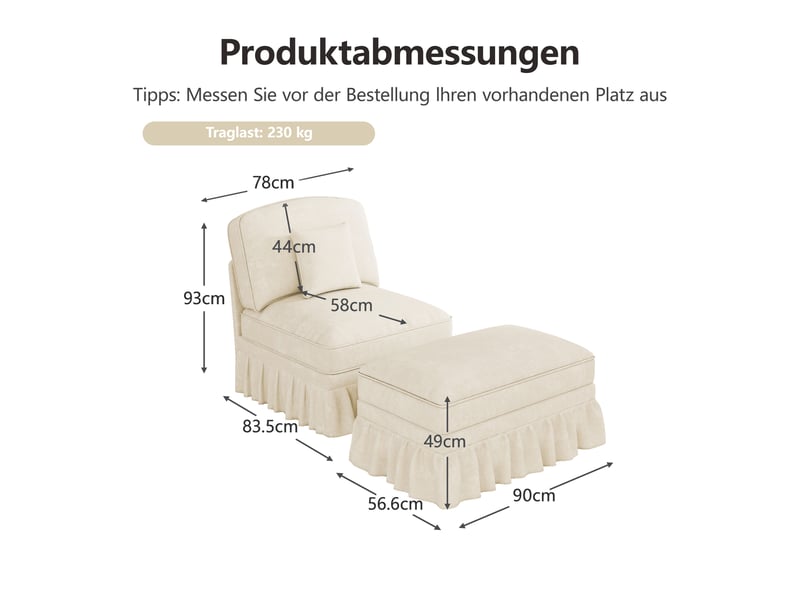  Fauteuil avec pouf lounge avec housse à volants amovible, coussin mobile et assise profonde, en chenille blanc  - Conforama D