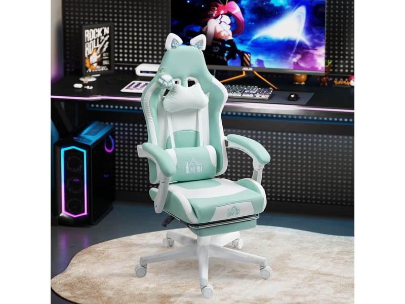  Fauteuil de jeu inclinable avec repose-pieds et coussins, similicuir et mousse, 65 x 62 x 116-124 cm, blanc et bleu  - Conforama D