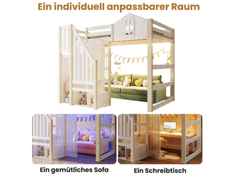  Lit mezzanine enfant 140x200 cm, avec lit simple, sommier, rangement, led, bois et mdf, blanc et naturel, sans matelas  - Conforama D