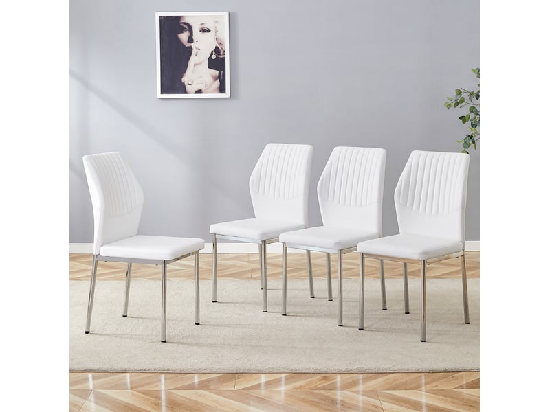 Lot de 4 chaises de salle à manger en similicuir blanc et métal argenté - Conforama D