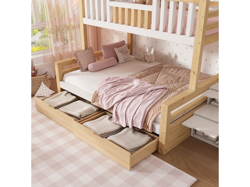 Lit superposé enfant 90140x200cm - lit familial bois avec escalier rangement et tiroirs - lit cabane toit maison - blanc chêne - Conforama C