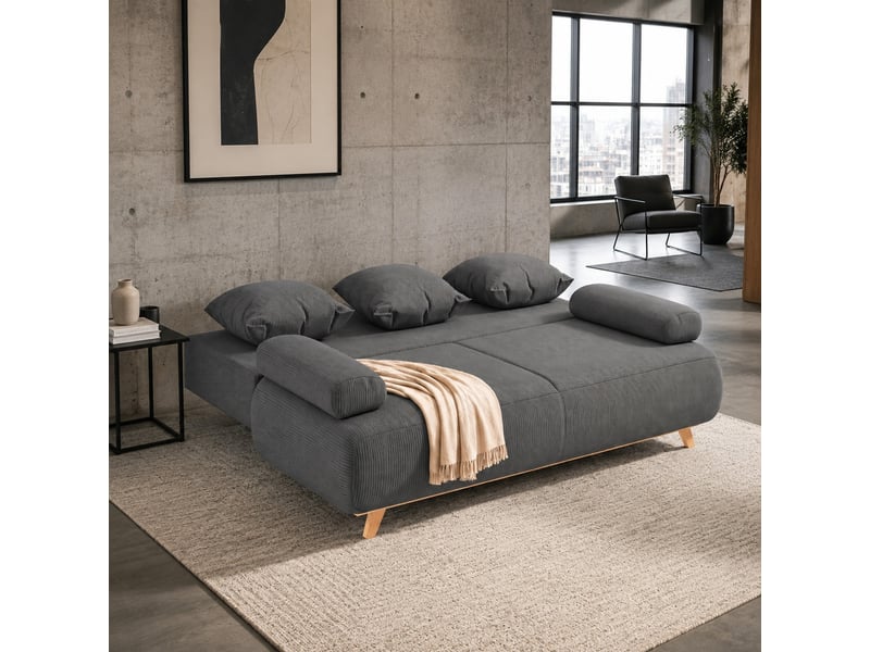  Canapé convertible 3 places avec coffre et couchage d’appoint  - bois, velours côtelé gris  - Conforama C