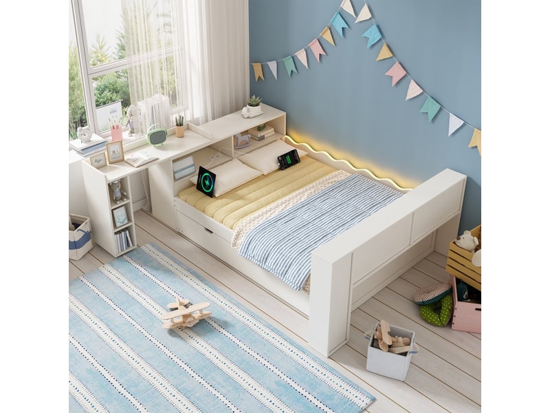  Lit double  140 x 190 cm avec lit gigogne 90 x 190 cm, bureau coulissant, tête de lit avec rangements, led et usb, bois, blanc OMNIGLINT TRADING LTD - Conforama B