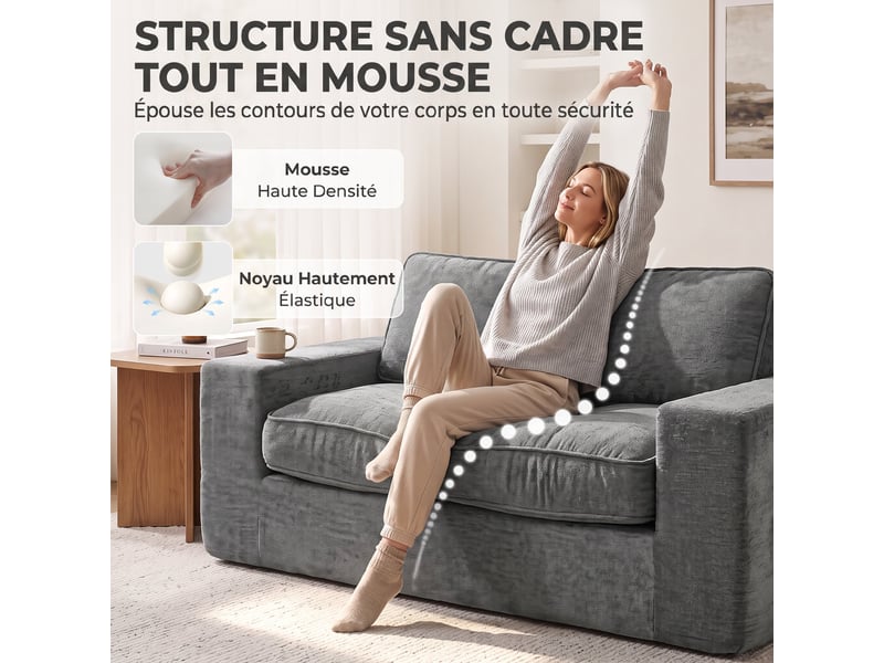 Canapé 2 places en chenille, canapé de salon 156 cm, assise et accoudoirs larges rembourrées, gris, 2 oreillers - Conforama D