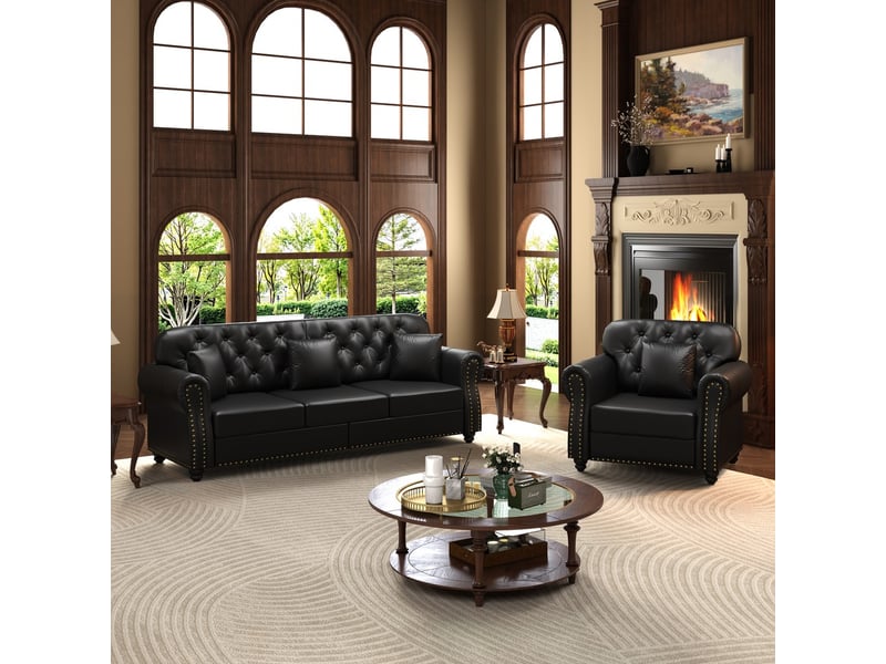  Canapé droit noir simili, 4 places design chesterfield, assises confortables à ressorts, accoudoirs roulés et décor clous  - Conforama D