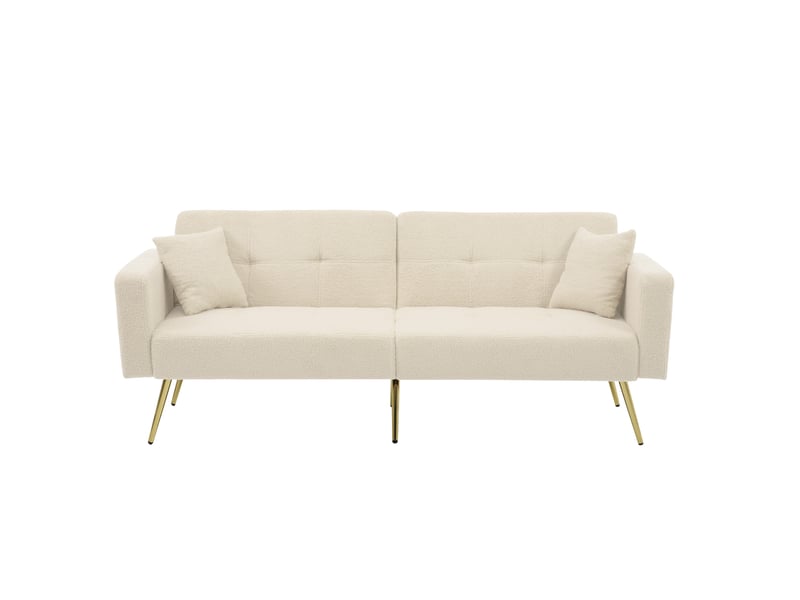  Canapé-lit 2 places 175x64x72 cm, coussins, poches de rangement, pieds dorés, dossier réglable, finition tissu sherpa beige  - Conforama A