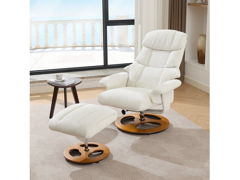  Fauteuil relax pivotant avec massage et chauffage, dossier inclinable, repose-pieds, en chenille blanc  - Conforama D