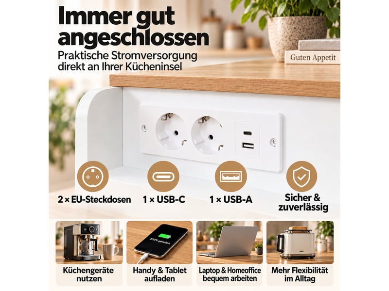 Îlot de cuisine extensible 177x60x89,5 cm avec table escamotable, prises usb-a-c, rangement et roulettes, meuble bar blanc - Conforama D