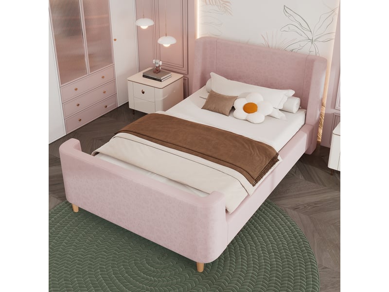  Lit enfant rembourré 90 x 200 cm, motif astronaute, pieds en bois massif, tête de lit rembourrée, sommier à lattes, pour la chambre, velours, rose ABC - Conforama D