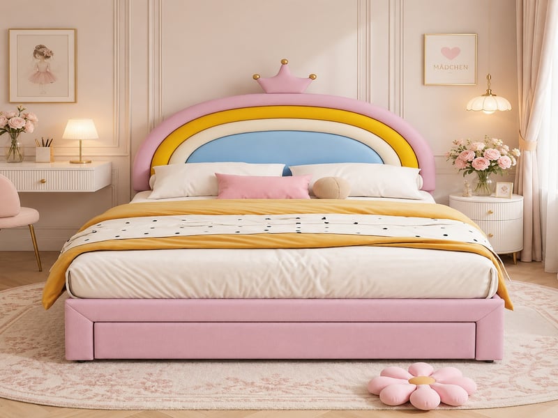 Lit enfant rembourré 140x200 cm, tête couronnearc-en-ciel, réglable 2 positions, tiroir au pied, pu, 220 kg, rose - Conforama B