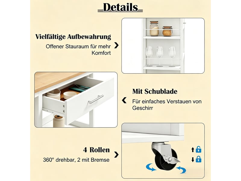  Chariot de cuisine à roulettes desserte en mdf blanc et bois avec tiroir et étagères 73x38x88 cm  - Conforama R