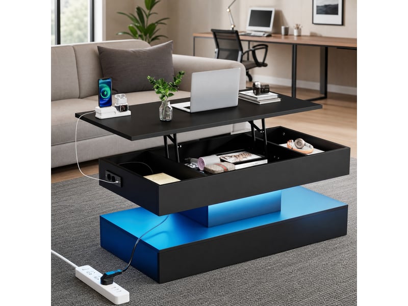 Table basse noire avec plateau relevable, led et rangement 100 x 50 x 42 cm - Conforama B
