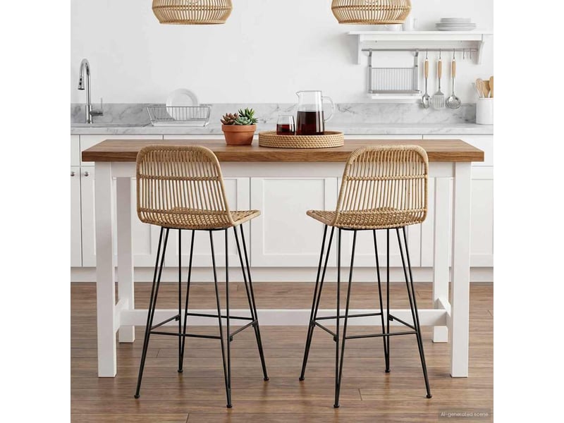  Lot de 2 tabouret de bar, chaise de bar naturel 44x55x109 cm rattan et acier  - Conforama C