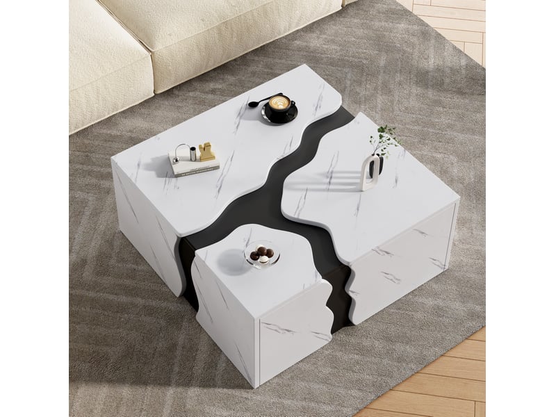  Table basse 70x70x31 cm design géométrique cubique lignes ondulées grand plateau tiroir panneau de particules blanc  - Conforama R