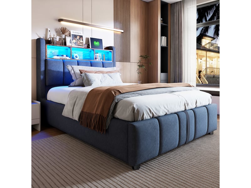  Lit enfant capitonné 90x200 cm gris en lin, led, usb, coffre hydraulique et matelas inclus et cadre métal  - Conforama D