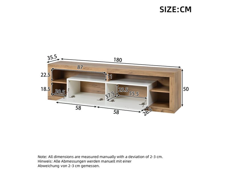  Meuble tv - 180x35,5x50cm - pour tv jusqu'à 75 - éclairage led rgb app, 2 portes abattantes &amp; niches - bois &amp; blanc  - Conforama E