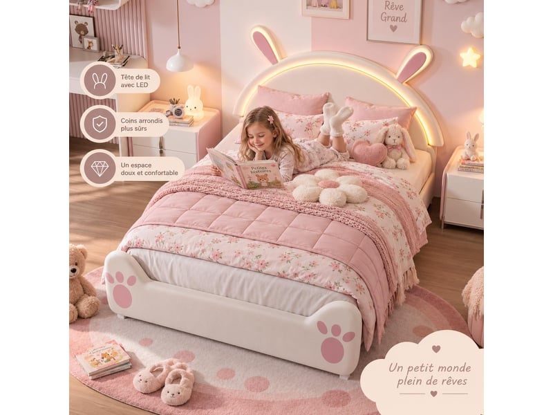  Lit enfant tête de lit lapin 140x200 cm coloris beige  - Conforama C