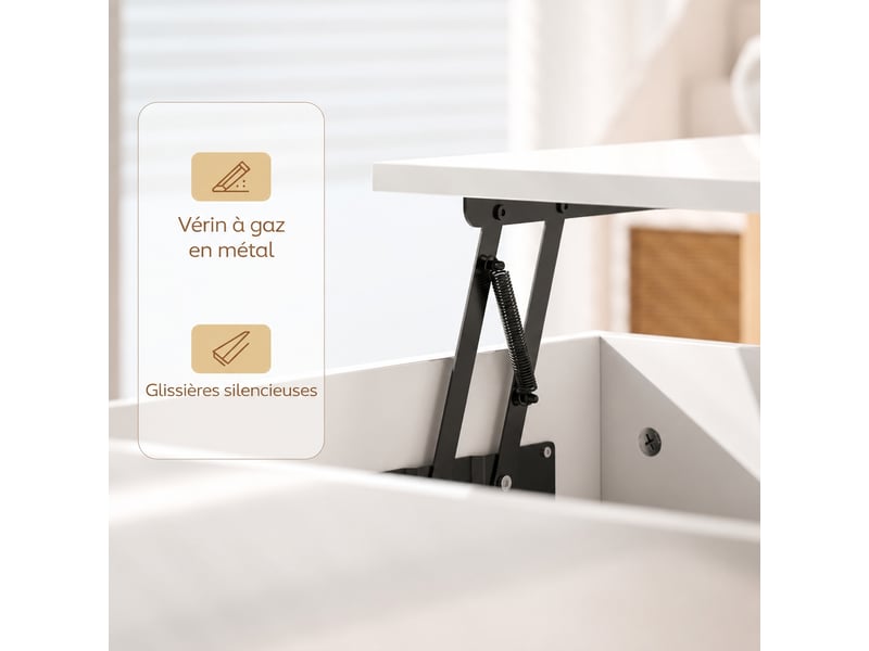  Table basse relevable, table de salon moderne, blanc laqué brillant avec rangement caché et tiroirs, 102x48 cm  - Conforama W