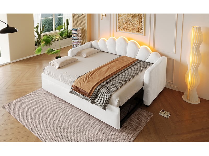  Banquette-lit capitonnée 90 x 200 cm avec gigogne et éclairage led, blanche  - Conforama W