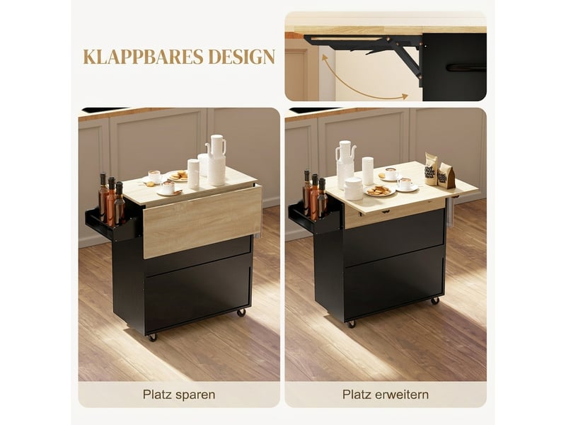  Desserte de cuisine avec plateau rabattable et tiroir noir et chêne 106 x 42 x 87 cm  - Conforama D