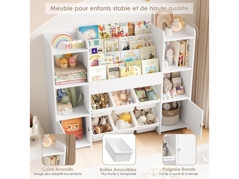  Meuble rangement enfant bibliothèque enfant avec 6 boîtes amovibles 12 étagères rangement jouet enfant pour chambre d’enfant salle de jeu blanc  - Conforama D