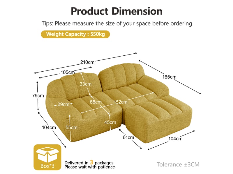 Canapé d'angle modulaire 2 places avec assise large, ottoman et soutien ergonomique, en fleece granuleux jaune - Conforama E