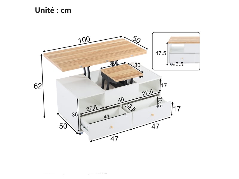  Table basse 4 tiroirs, plateau élévable coulissant et pliable, capacité 60 kg, mdf, 100 x 50 x 47,5 cm - blanc  - Conforama C