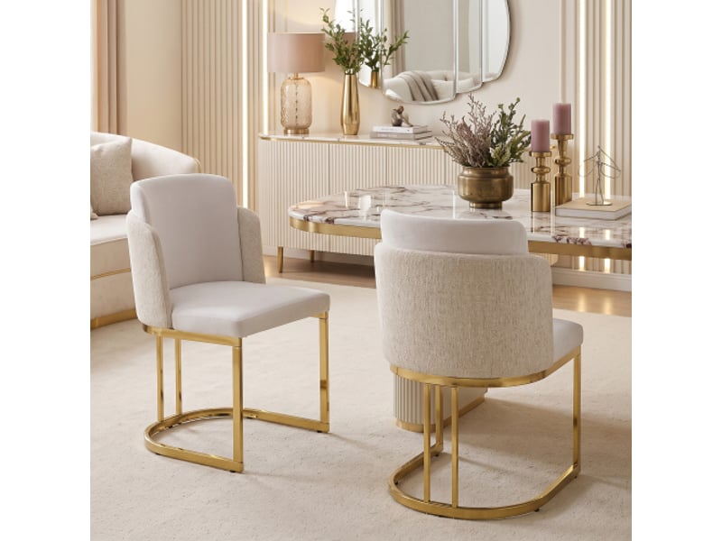 4 chaises de salle à manger en chenille beige et doré, confortables, pieds galvanisés - style moderne pour cafés-restos - Conforama B