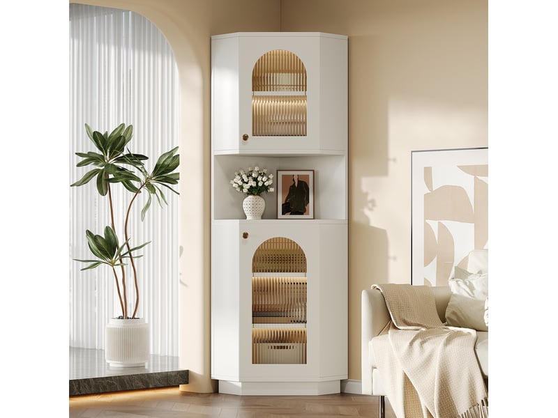 Meuble de rangement d'angle blanc avec éclairage led et verre texturé - Conforama B