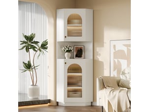 Meuble de rangement d'angle blanc avec éclairage led et verre texturé